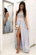 Abiti da damigella d'onore in chiffon argento a linea ad A con pizzo applicato e spacco