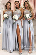 Abiti da damigella d'onore in chiffon argento a linea ad A con pizzo applicato e spacco