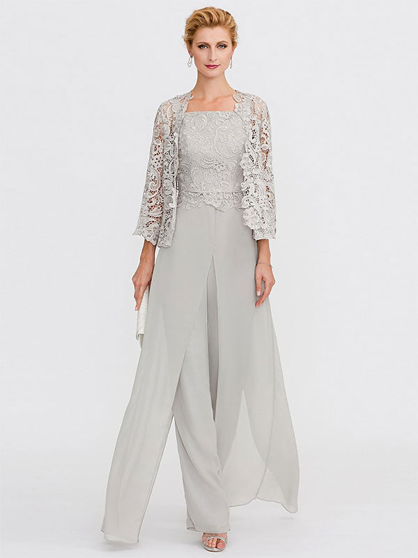 3 Piece Chiffon Square Neck Mother of the Bride Pantsuits with Jacket