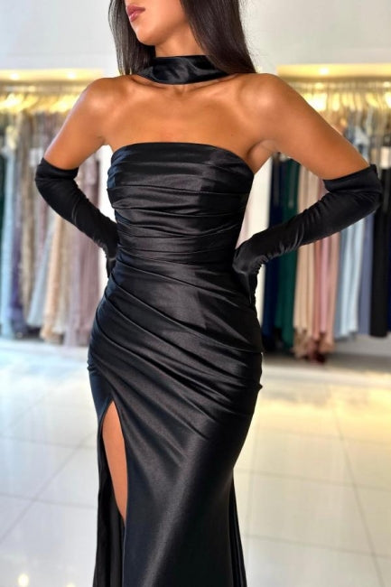 Vestido de fiesta sencillo, largo, de sirena, negro, sin tirantes, de satén, con abertura
