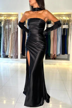 Vestido de fiesta sencillo, largo, de sirena, negro, sin tirantes, de satén, con abertura