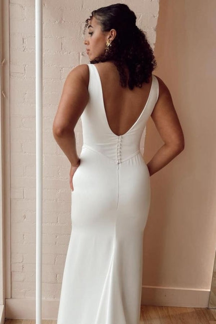 Vestido de novia sencillo, largo, blanco, de satén, estilo sirena, sin mangas y con abertura