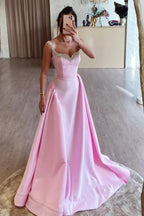 Vestidos de fiesta largos de satén rosa con corte A y cuentas