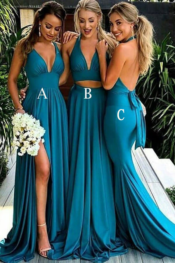 Vestidos de dama de honor largos, sencillos, de corte A y escote en V en azul con abertura alta 