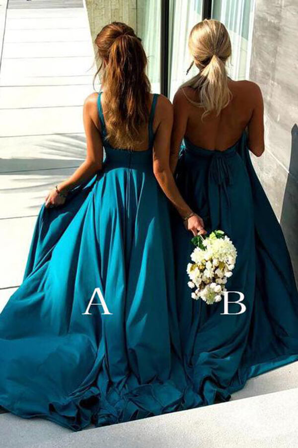 Vestidos de dama de honor largos, sencillos, de corte A y escote en V en azul con abertura alta 