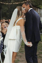 Abito da sposa semplice in raso avorio, vestito da matrimonio corto con fiocco sul retro