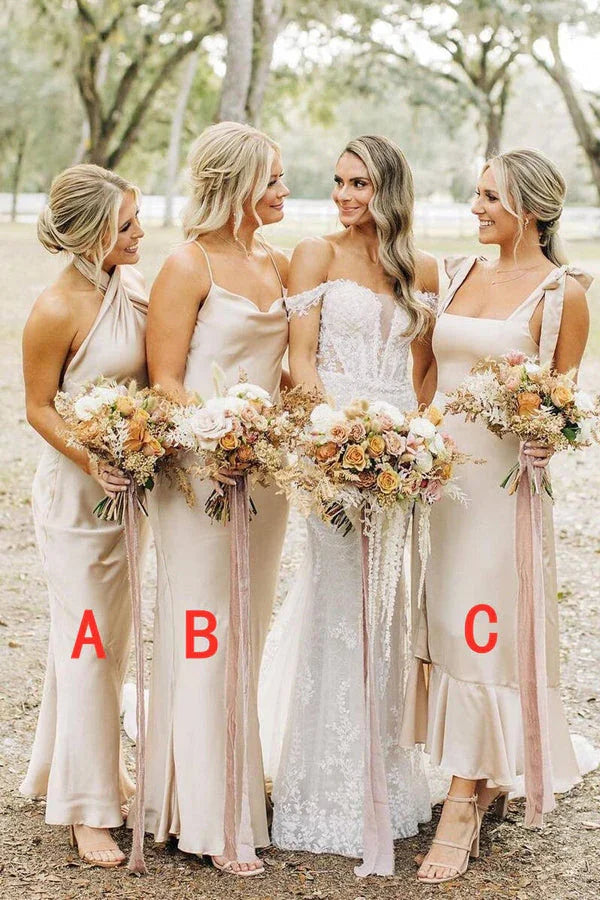 Vestido Simples e Elegante Longo para Dama de Honra Champanhe BD131