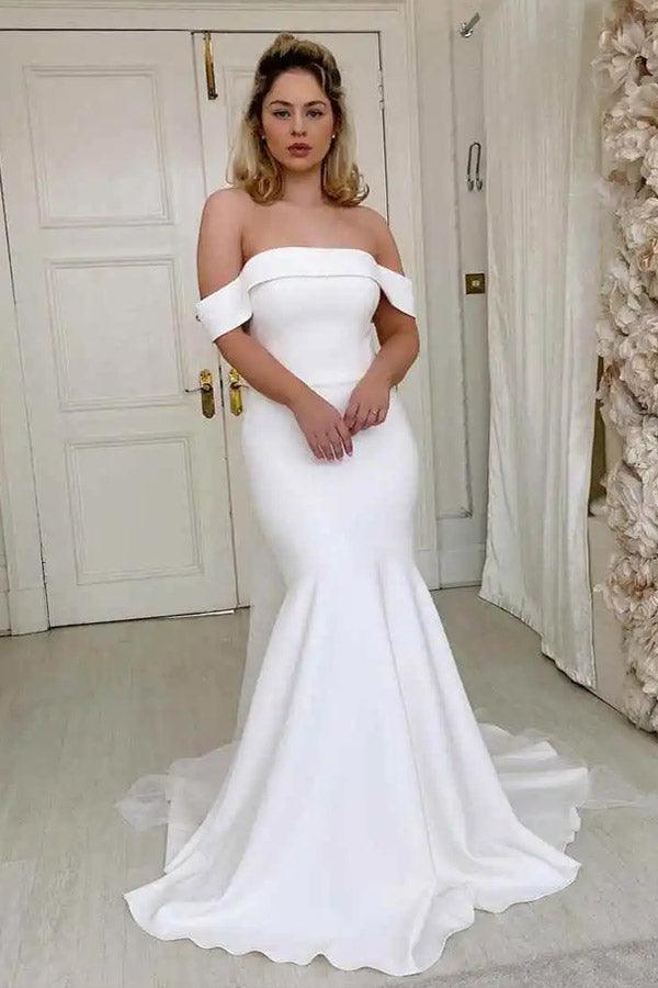 Robe de mariée simple sirène en satin ivoire à épaules dénudées