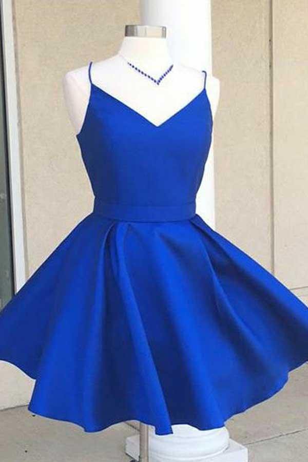 Abiti per Ritorno a Casa con Spalline Sottili Blu Reale e Nastro