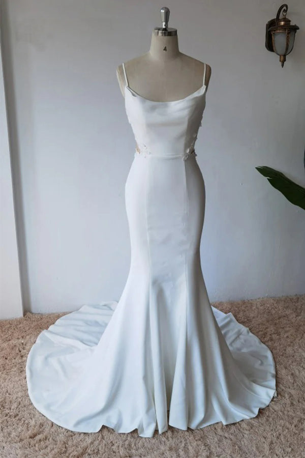 Schlichtes, schlichtes Meerjungfrau-Brautkleid aus Satin mit Spaghettiträgern