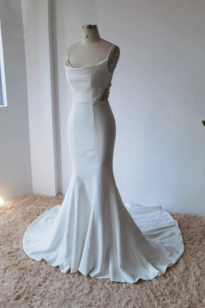 Schlichtes, schlichtes Meerjungfrau-Brautkleid aus Satin mit Spaghettiträgern