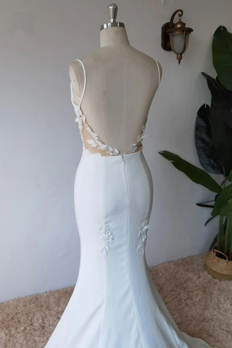 Schlichtes, schlichtes Meerjungfrau-Brautkleid aus Satin mit Spaghettiträgern
