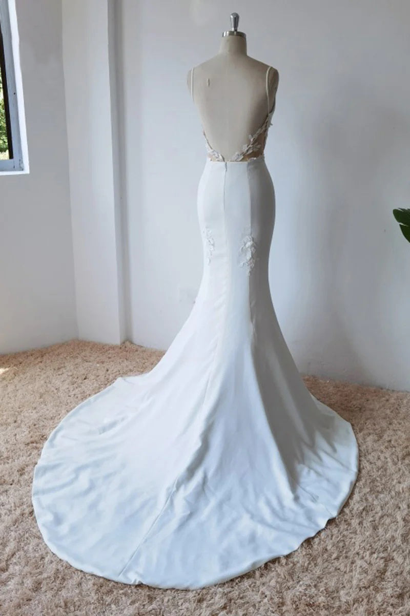 Schlichtes, schlichtes Meerjungfrau-Brautkleid aus Satin mit Spaghettiträgern