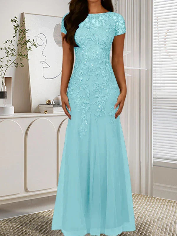 Abito in tulle con scollo a sirena e paillettes blu marina scuro