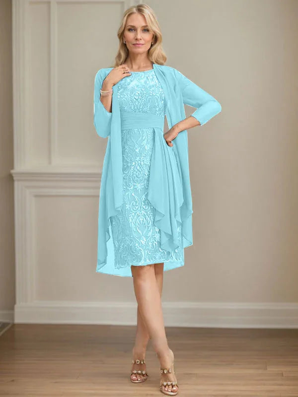 Etui/Säulenförmiges Kleid mit Illusion, knielang, aus Spitze und Chiffon, Brautmutterkleid mit herabfließenden Rüschen und Pailletten