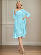 Etui/Säulenförmiges Kleid mit Illusion, knielang, aus Spitze und Chiffon, Brautmutterkleid mit herabfließenden Rüschen und Pailletten