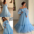 Vestido de Quinceanera em Linha A Azul Céu Boémio em Tule Vestido de Praia de Verão para Baile de Finalistas