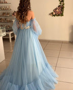 Vestido de Quinceanera em Linha A Azul Céu Boémio em Tule Vestido de Praia de Verão para Baile de Finalistas