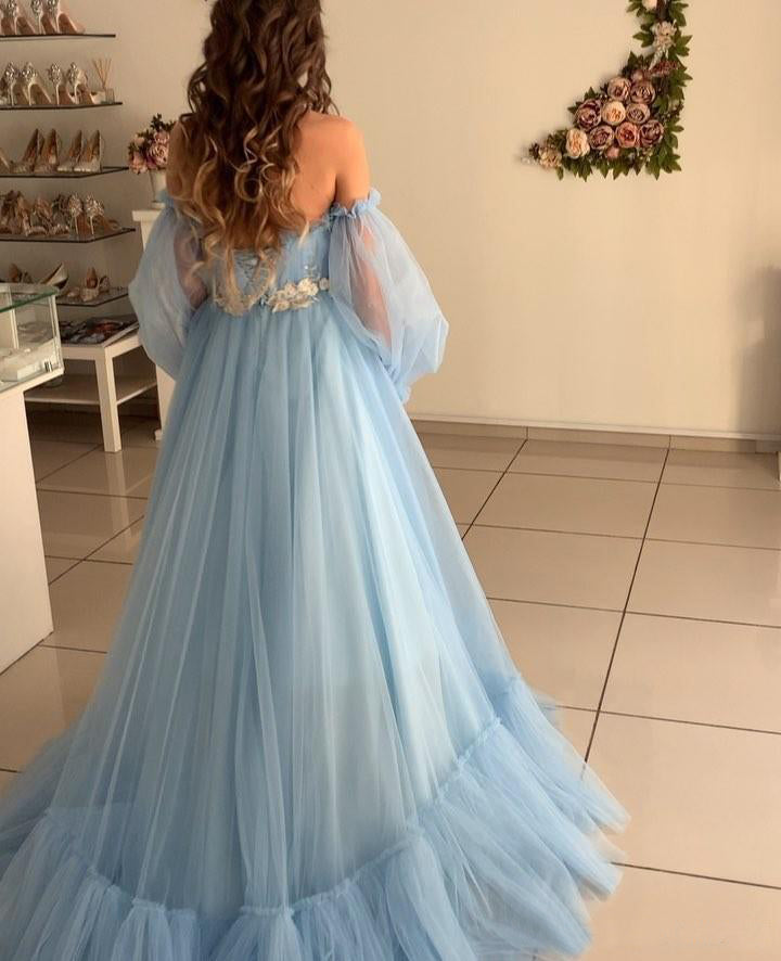 Vestido de Quinceanera em Linha A Azul Céu Boémio em Tule Vestido de Praia de Verão para Baile de Finalistas
