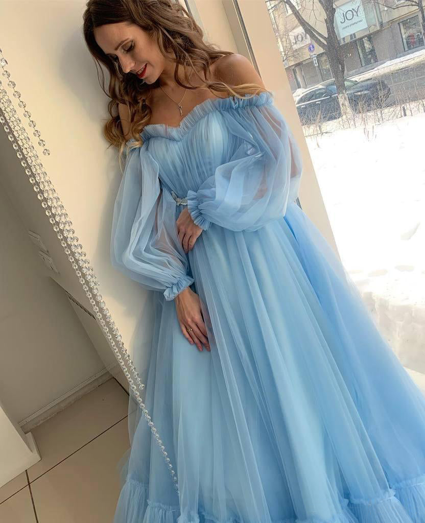 Vestido de Quinceanera em Linha A Azul Céu Boémio em Tule Vestido de Praia de Verão para Baile de Finalistas