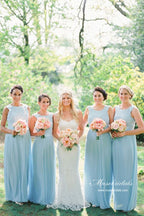 Abito da damigella in chiffon azzurro cielo, linea a trapezio, scollo rotondo con pizzo