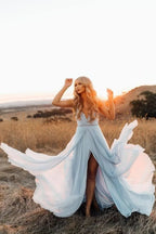 Vestidos de baile fluidos azul-céu, vestido de festa à noite SYP38