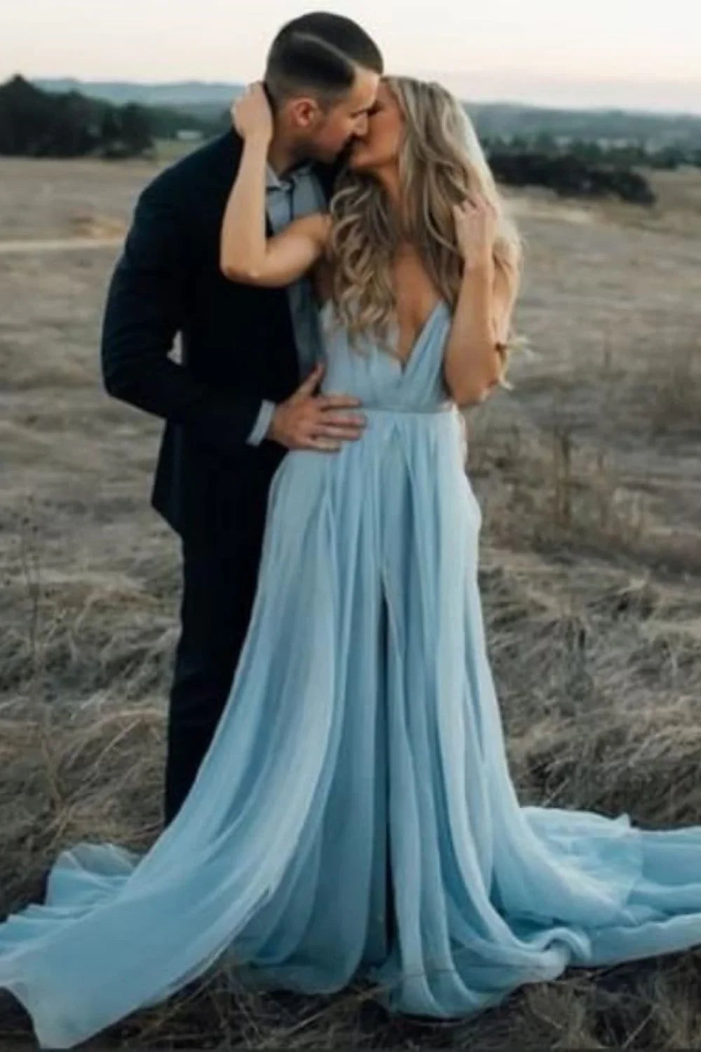 Vestidos de baile fluidos azul-céu, vestido de festa à noite SYP38