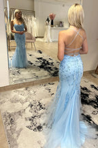 Vestidos compridos de baile com alças finas em espaguete azul céu e renda