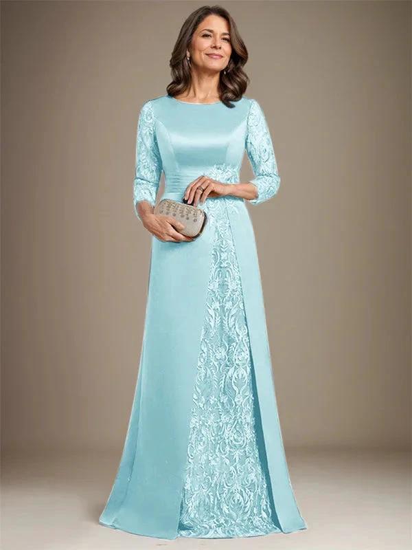 A-Line Scoop Floor-Length Lace Satin Mother Of the Bride Dress With Applique by Dreamylily