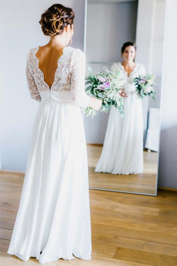 3/4 Sleeve See Through Backless Lace Chiffon Wedding Dresses