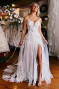 A Line Sleeveless V Neck Wedding Dress With Straps Split Court Train