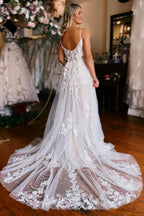 A Line Sleeveless V Neck Wedding Dress With Straps Split Court Train