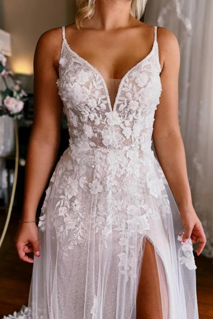 Abito da sposa senza maniche con scollo a V, spalline, spacco sexy, gonna a coda da cerimonia