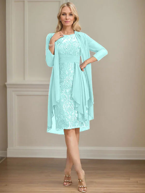 Etui/Säulenförmiges Kleid mit Illusion, knielang, aus Spitze und Chiffon, Brautmutterkleid mit herabfließenden Rüschen und Pailletten