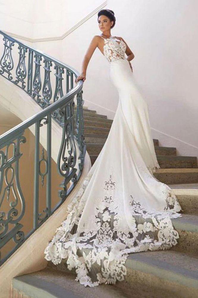 Vestidos de Noiva Sereia Justos com Alças Finas, Costas Nuas e Aplicações