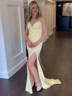 Spaghetti Straps Beaded Satin Mermaid Long Prom Dress with Slit