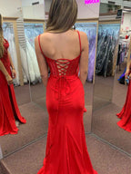 Red Mermaid Prom Dress With Spaghetti Straps Lace Appliques Slit