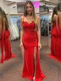 Red Mermaid Prom Dress With Spaghetti Straps Lace Appliques Slit