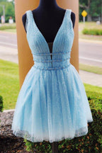 Sparkle Sky Blue Backless Beaded Homecoming Dresses, Graduation Dress