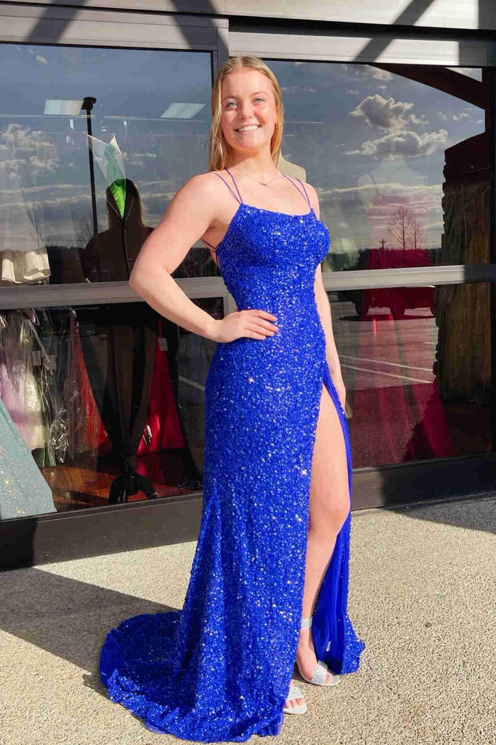 Vestido longo de baile com lantejoulas azul Tiffany cintilante e racha SYP99
