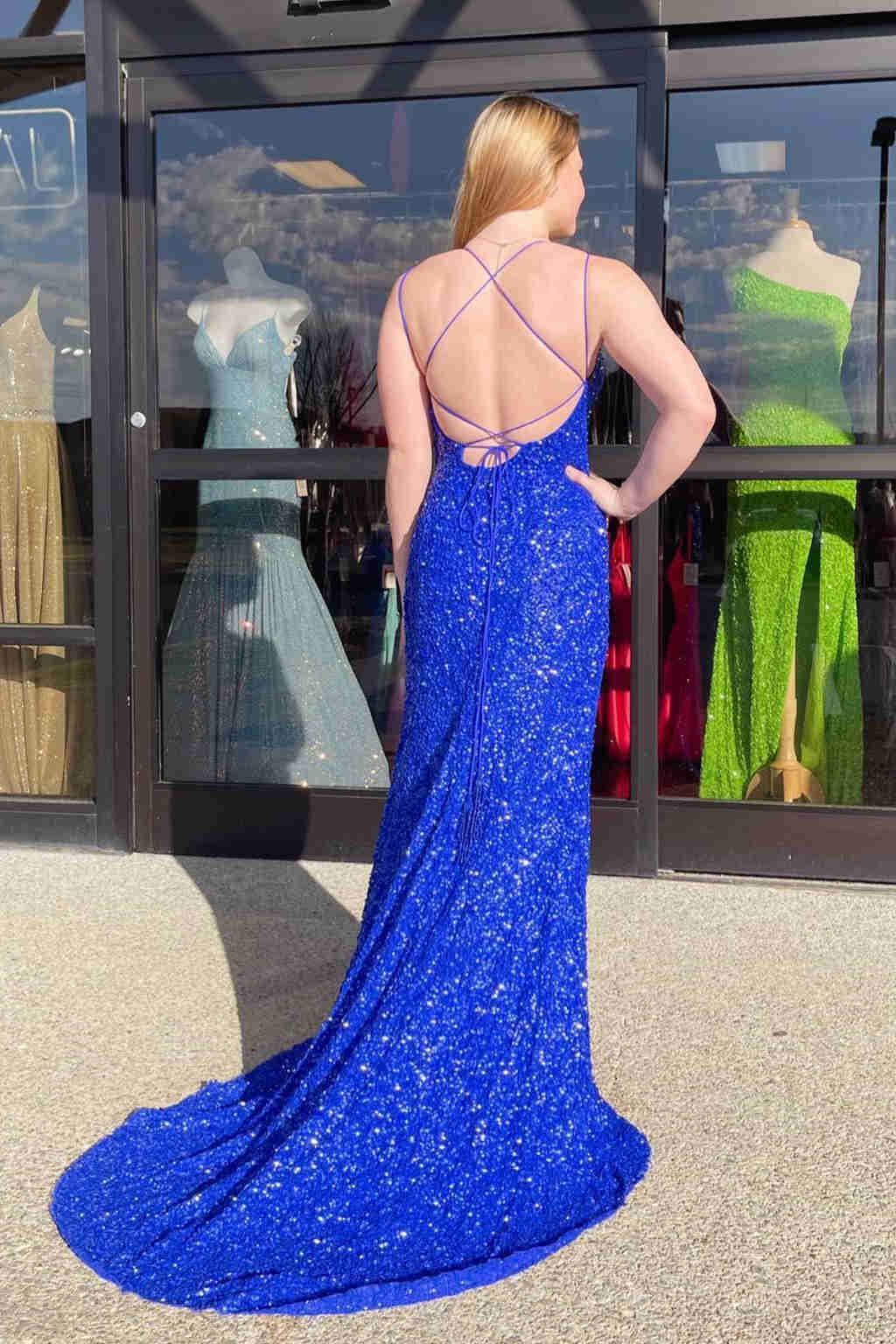 Vestido longo de baile com lantejoulas azul Tiffany cintilante e racha SYP99