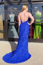 Vestido longo de baile com lantejoulas azul Tiffany cintilante e racha SYP99