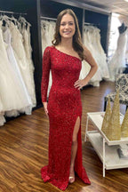Vestido de fiesta azul brillante con lentejuelas y mangas largas SYP101