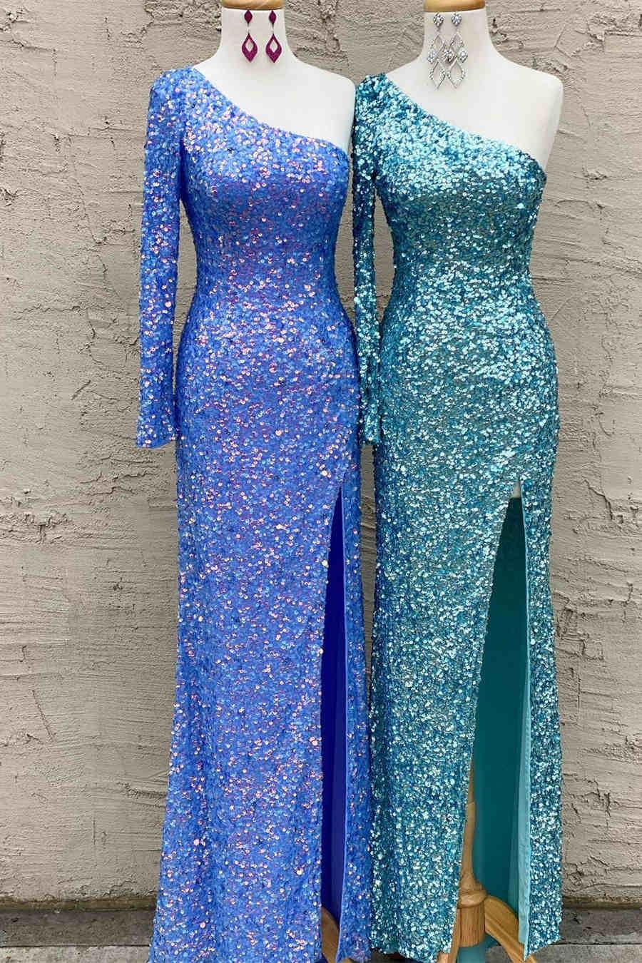 Vestido de fiesta azul brillante con lentejuelas y mangas largas SYP101