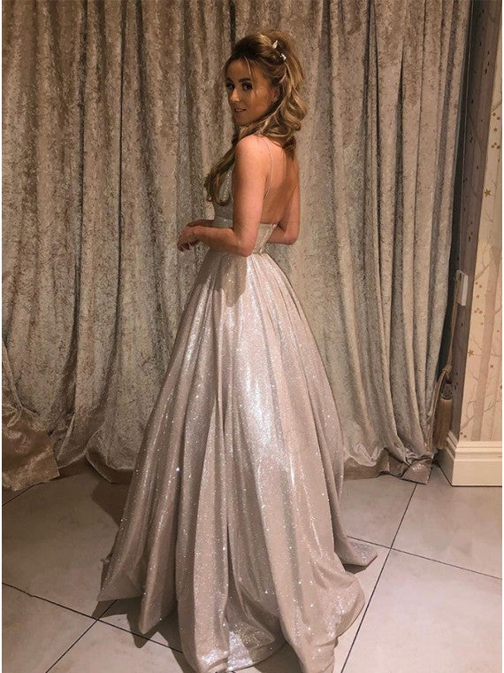 Robes de bal scintillantes lavande en ligne A à bretelles fines et col en V, robe de soirée