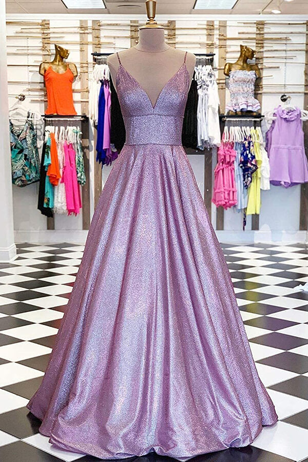 Robes de bal scintillantes lavande en ligne A à bretelles fines et col en V, robe de soirée
