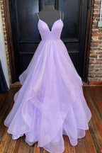 Vestido de fiesta de princesa con corte A de tul escalonado en lavanda brillante, vestido de noche