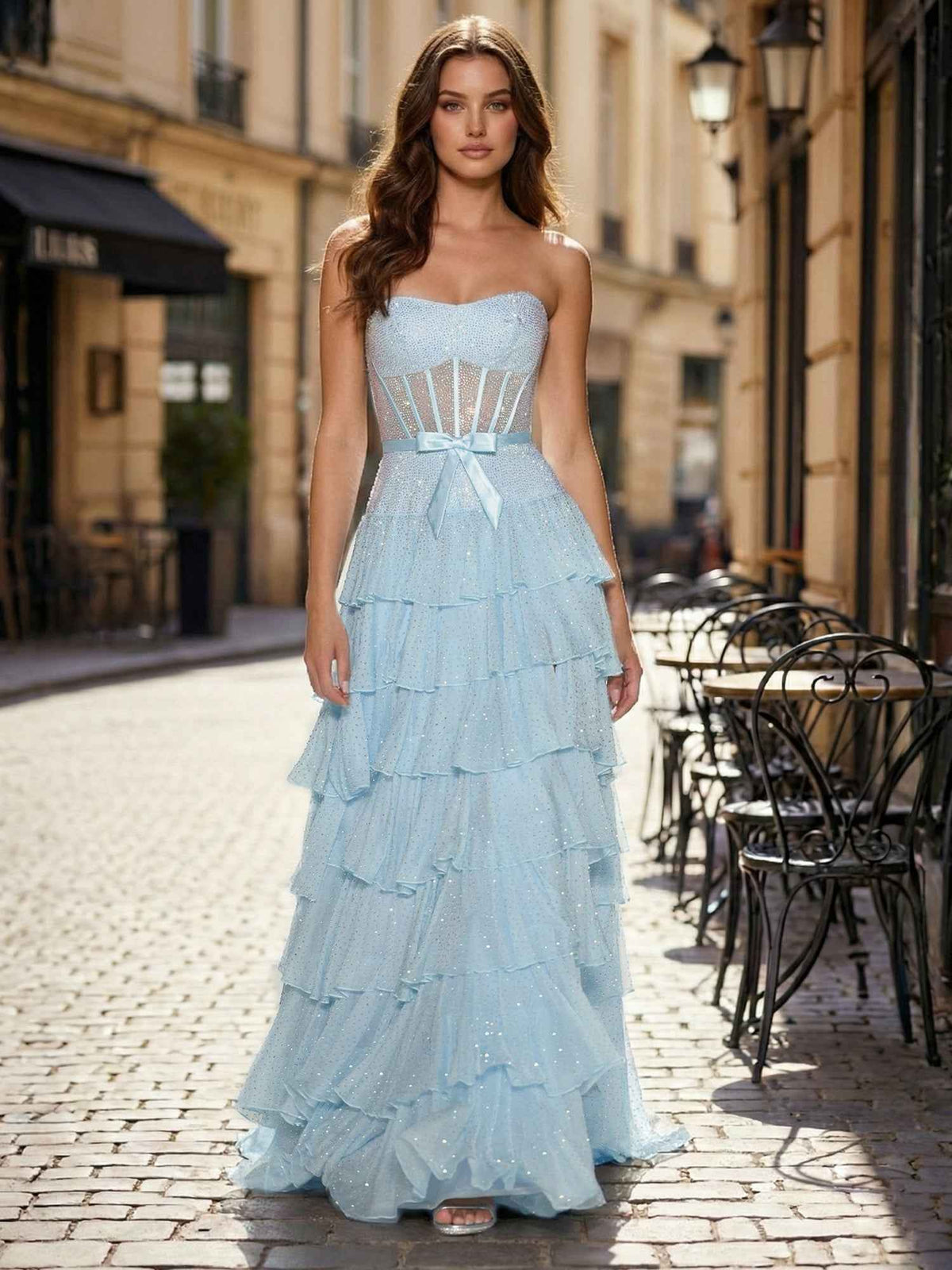 Light Blue Strapless Corset Prom Dress With Tiered Ruffles And Slit