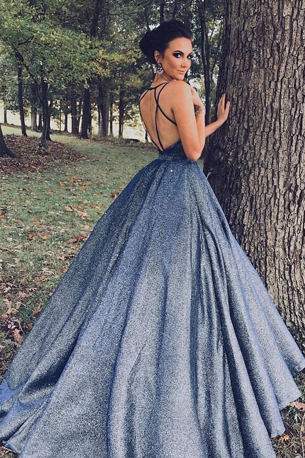 Robe de bal longue bleu marine scintillante à col en V, robes de soirée formelles longues