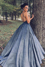 Robe de bal longue bleu marine scintillante à col en V, robes de soirée formelles longues